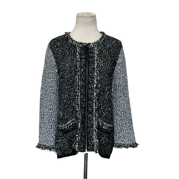Karl Lagerfeld Two Tone Full Zip Fringe Detail Knit Jacket size Small - Picture 12 of 14